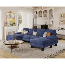 Sectional Couches For Living Room U-Shaped Sofa Couch With Linen Fabric 4 Seat Sofa Set With Double Chaise For Apartment Loop Yarn Navy Blue - Navy Blue - View 8