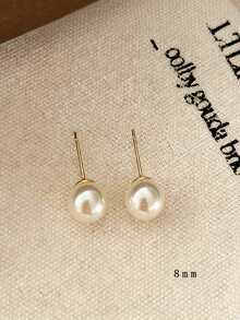 1对优雅圆形珍珠耳钉，简约百搭珍珠耳环 - 米色 - 查看 9