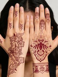 1pc Vermilion Lace Temporary Tattoo Stickers, Henna Tattoos Waterproof Long Lasting, Mandala Peacock Floral Patterns Body Art Stickers, For Women&Festvial Party, Rave Accessories, Tatooes For Women, Fake Tattoo - Red - View 4