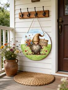 Gnome Holding Bouquet Hanging Sign, Wooden Welcome Wreath Decor, Rustic Style Round Door Sign, Suitable For Home, Yard, Garden, Living Room, And Bedroom Welcome Decor, Perfect Holiday Gift - Multicolor - View 2