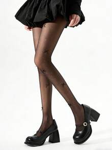 1-2 Pairs Spring/Summer Rhinestone White Tights, Lolita Style Black Bow Tie Stockings - Multicolor - View 9