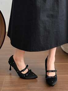 Fashionable Sexy Red Pearl Single Buckle Mary Jane Shoes, Pointed Toe Thin High Heel Bow Tie Women Shoes - Black - View 11