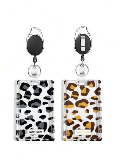 Black & White Leopard Print Retractable ID Card Holder, Waterproof Sealed Name Card Protector, Fashionable, Women's Accessory, Cute & Practical Plastic Keychain Design, Suitable For ID, Credit Card, Transit Card, Badge Holder, Expandable Card Sleeve