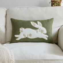 غطاء وسادة مطرز بأرنب أخضر يركض في عيد الفصح، غطاء وسادة زهري للربيع، مناسب للديكور الداخلي، غطاء وسادة زخرفي للربيع/الصيف، لا يشمل إدراج الوسادة - أخضر - مشاهدة 11