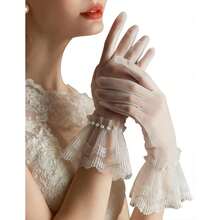 Short Lace Mesh Gloves Tulle Border With Pearls Wedding Opera Tea Party Gloves For Women Formal,OneSize,Ivory-3 - 象牙-3 - 查看 1