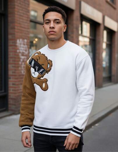 TendenciaSudadera Con Cuello Redondo Bordado Con Oso De Dibujos AnimaCalidad premium