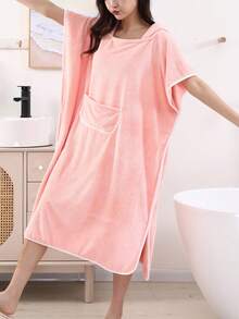 1pc Women's Soft Absorbent Hooded Sleeveless Solid Color Minimalist Oversized Bath Robe, Wearable Poncho For Bathing, Surfing, Changing Clothes, Beach, Swimming - Pink - View 5