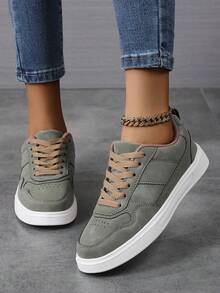 Women's Casual Sports Shoes, Color Block Design, Popular Pink Campus Style, Comfortable & Breathable - Army Green - View 3