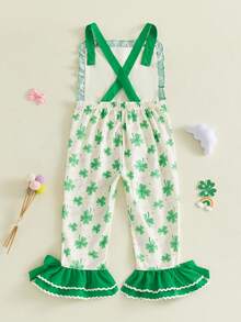 Toddler Baby Girls Spring Jumpsuit Bell Bottoms Shamrock Letter Pattern Ruffled Trim Sleeveless Overalls - Green - View 5