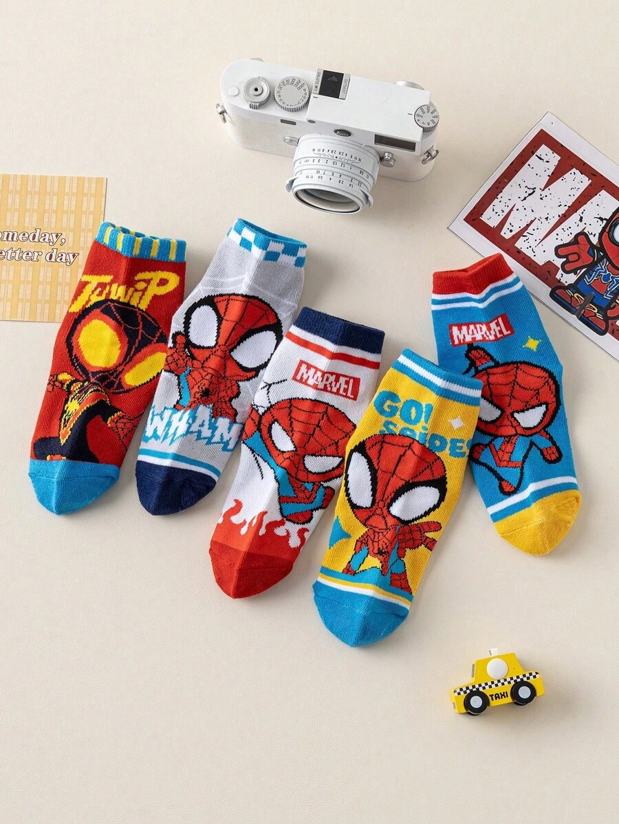 Marvel 5双装儿童超级英雄卡通中筒袜，男女童均适用，春秋季 - 彩色 - 查看 1