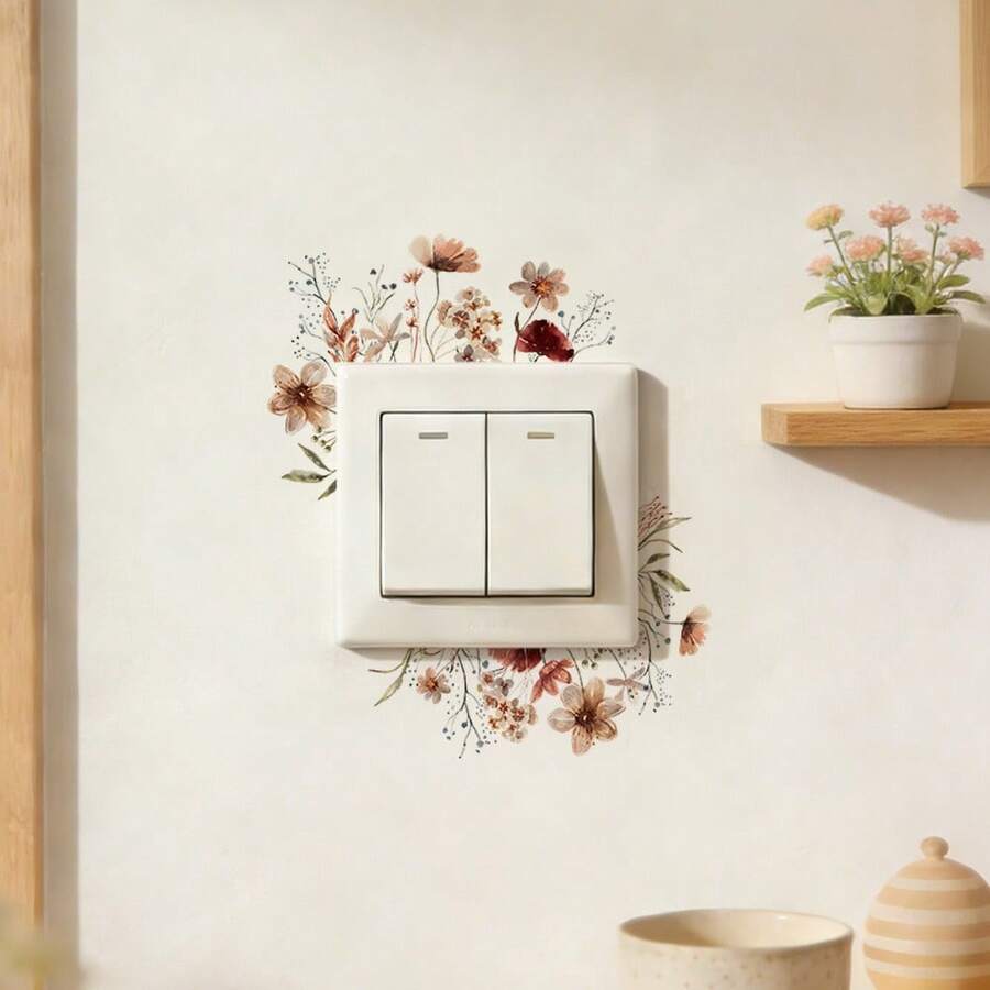 5pcs Watercolor Style Green Leaves And Flowers Wall Stickers, Removable Self-Adhesive PVC Waterproof Fresh Plant Decals, Suitable For Bathrooms, Kitchens, Light Switch Panels, And DIY Art Projects; A Pastoral Style Decoration. - Multicolor - View 1