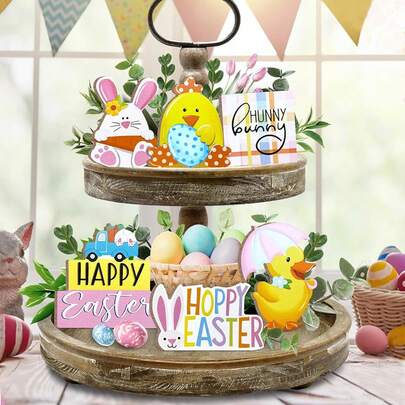6pcs Easter Tiered Tray Decor, Bunny Farm Tray Decorations, Happy Easter Hunny Bunny Chick Egg Duck Umbrella Truck Wooden Signs, Rustic Easter Decor For Home Table Shelf Mantel Party Holiday
