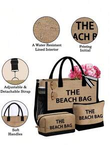 这款女士沙滩主题手提包套装饰有艺术感十足的“沙滩包”标志，包含一个大容量手提包和两个化妆包。它适合婚礼、度假和日常使用，是送给女性、母亲、教师、朋友、伴娘、学生以及返校季的绝佳礼物。这款大容量手提包也适合作为旅行包，用于度假和周末短途旅行，同时也是送给朋友的个性化生日礼物。 - 彩色 - 查看 10
