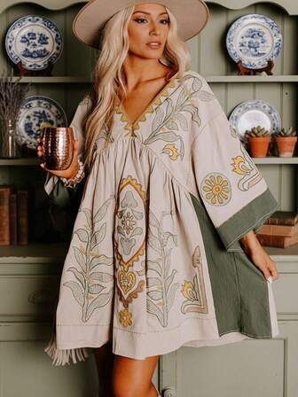 1pc Women's Casual Boho Floral Print Dress, Street Fashion Bohemian Style Vacation Dress, Suitable For Western Wear, Music Festival, Beach Outfits