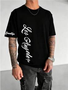 Men's Fashionable Versatile Letter Print Design Comfortable Crew Neck Short Sleeve T-Shirt, Summer - Black - View 7