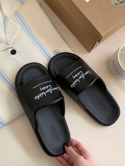XIXITIAO 1 Pair Minimalist English Graphic Comfortable & Fashionable Unisex Slippers, Lightweight Non-Slip Odor-Resistant Bathroom Shower Flat Slides, Suitable For Summer