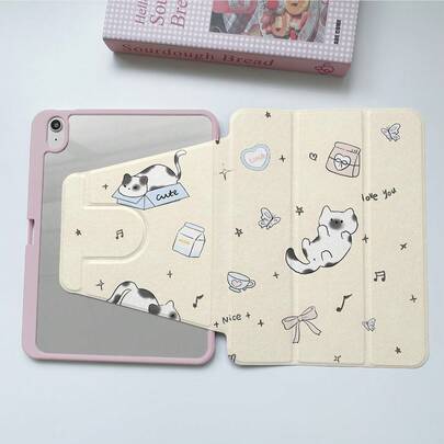 1pc Cute Black & White Cat Element Shock-Proof Protective Case With Acrylic Backboard, Sleep/Wake Function, Compatible With Ipad 10.2 8th Gen 2020/Air 11-In.(M2)-2024/Pro 11-In.(M4)-2024/10th Gen/11th A16/Pro 12.9/Air 4/5 10.9"/Pro 11"(2022), Fashionable Choice For Tech Enthusiasts