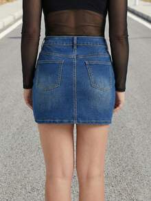 女士休闲直筒迷你牛仔裙，正面纽扣设计，中等弹力面料 - 藍色 - 查看 3