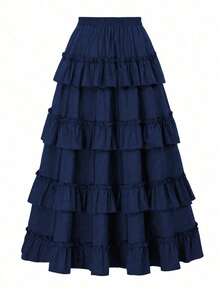 Vintage American High-Waisted Ruched Ruffled Hem Skirt, Asymmetrical Layered Mid-Length Skirt, Y2K Goth Slim Fit Skirt, Spring/Summer Asymmetrical Ruched Gothic Style Skirt - Blue - View 2