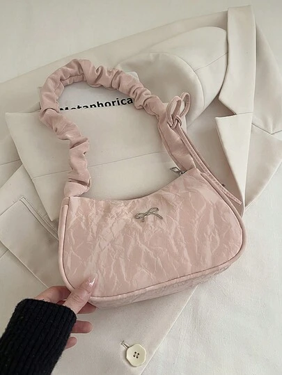 1件纯色时尚新款蝴蝶结手提包，2026新款女士小方包，别致个性简约褶皱单肩斜挎包