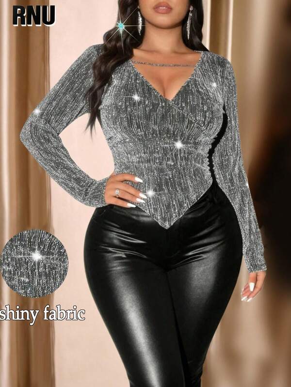 RNU Plus Size Women's Elegant Shiny Metallic Knit V-Neck Asymmetric Hem Ruched Waist Design Dress, Suitable For Concerts, Outings, Weddings, Parties, Dates, Birthdays, Romantic Valentine's Day, Fashion Casual Long Sleeve T-Shirt