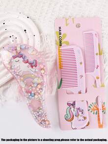 100 piezas/Paquete Set de Scrunchies de pelo elásticos de alta calidad, 3 piezas de peines de diseño de unicornio de dibujos animados que incluyen peines desenredantes, de sección y de mango, adecuados para estudiantes y mujeres para peinados - Multicolor - Ver 2