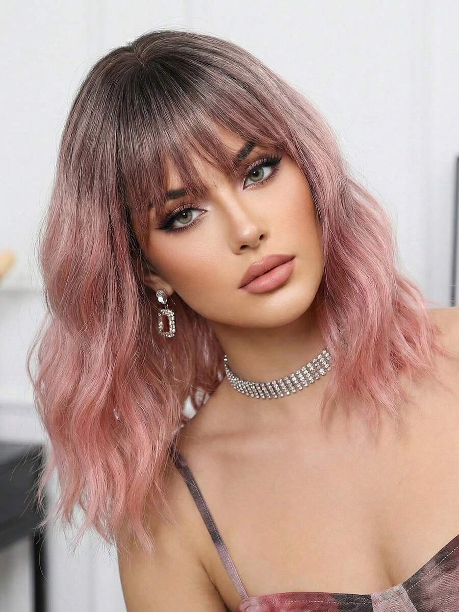 高品质自然舒适14英寸蓬松波波头假发，粉色渐变短款波浪卷发，适合角色扮演洛丽塔风格，全头长卷发耐热优雅渐变假发，女士适用 - 漸層粉紅色 - 查看 1