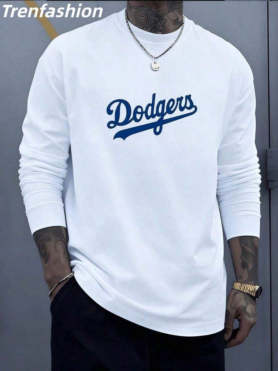 Trenfashion Unisex's Oversized Long Sleeve Tee With Los Angeles Dodgers Script Logo Print, Baseball Fan Casual Crewneck Top Baggy Relaxed Fit Drop Shoulder T-Shirt Dodgers Game Day Tee, Oversized Dodgers  Graphic Tee, 100% Cotton T-Shirt With Digital Print, Baseball Style, Men's Casual Shirt, Sporty Design For Summer, Urban Clothing, For Baseball Fans Unisex Long Sleeve TShirts - 白色 - 查看 1