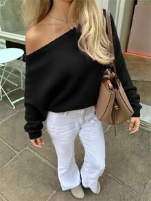 Women's New Casual Solid Color Loose Open Shoulder Long Sleeve Sweater, Romantic Pink, Oversized Knit Top Black Spring - Black - View 4