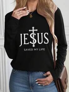 Jesus Saved My Life Black Long Sleeve Top - White Text Cross Design, Casual Christian Faith T - Shirt, Perfect For Daily Wear & Church, Unique Religious Gift With Dollar - Sign Cross-Cool & Chic Women's Long-Sleeve Hoodie - 黑色 - 查看 6
