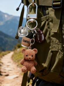 1pc Coffee Teddy Bear Keychain Pendant, Cute And Unique Bag Accessory! This Pendant Includes A Knitted Teddy Bear, A Mini Coffee Cup, A Coffee Bean, And A Shiny Heart-Shaped Charm, Made Of Mini Resin Material. - Multicolor - View 8