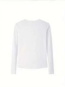 Women'sLong Sleeve T-Shirt, Versatile U-Neck Slim Fit Solid Color Undershirt, Autumn Casual White Spring - White - View 4