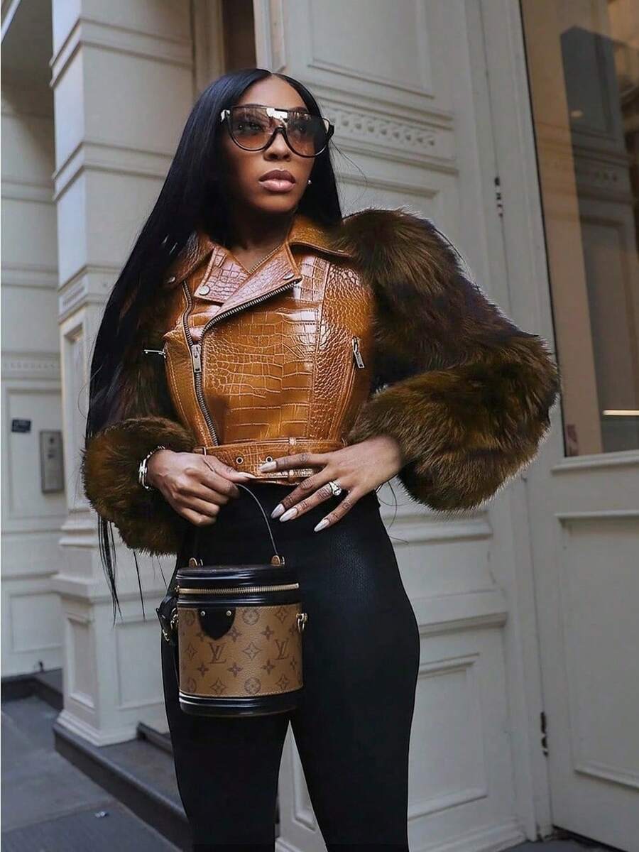 Women's Fashion Faux Fur Crocodile Print Jacket Collar Design Waist Belt Detail Zipper Closure - Lạc đà G0772 - Xem 1