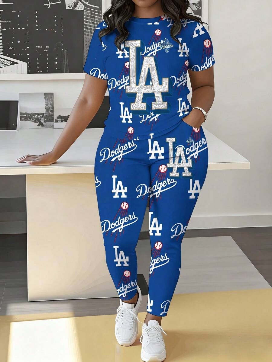 The Los- An-Geles- Dodgers  Plus Size Women's Short-Sleeve T-Shirt And Pants Set, Suitable For Football, Includes A Short-Sleeve Shirt And Leggings, And Also Makes An Ideal Birthday_Valentine's Day Gift. - Multicolor - View 1