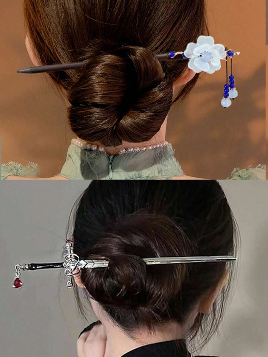 中式剑形发夹，优雅复古汉服发饰，多功能木质发簪，适用于盘发，适合搭配传统中式服装，可作头饰、发型设计发夹。 - 彩色 - 查看 1