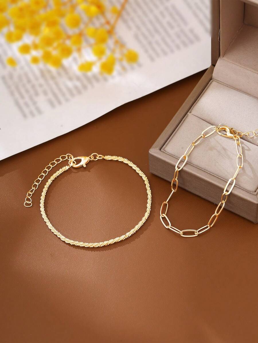 2pcs Minimalist Caterpillar Shiny Chain Bracelet Set For Women - Yellow Gold - View 1