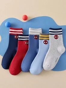 Marvel 5 Pairs Kids Striped Socks, Superhero Spider-Man Socks For Boys, Mid-Calf Socks, Cartoon Style, Suitable For Spring/Autumn, Girls