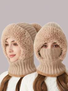 1pcs High Elasticity Solid Color Thick Windproof Warm Collar Warm Face Mask Integrated Men's And Women's Universal Winter Knitted Hat - Multicolor - View 2