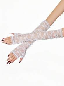 一双黑白蕾丝长袖手套，新娘袖，角色扮演服装配饰，暗黑系性感手套，适合万圣节、狂欢节、情人节和化装舞会