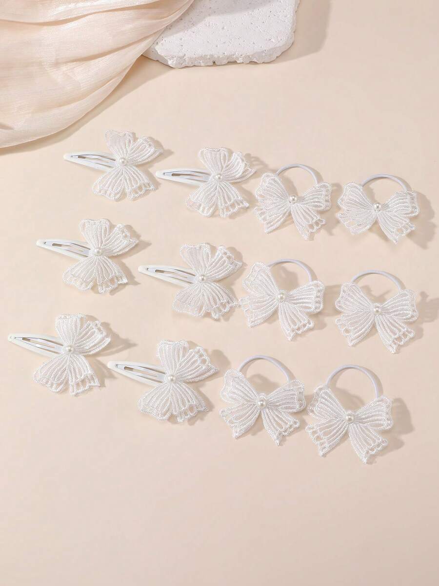 6pcs/12pcs Girls White Pearl Butterfly Hair Clips, Hair Ties, Hair Bands Set, Suitable For Daily Decoration - White - View 1