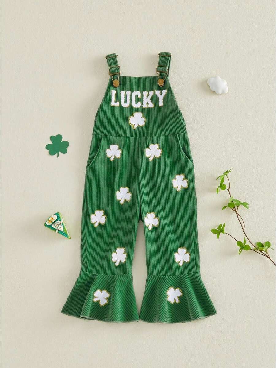Toddler Girl Outfit St Patricks Day Overalls Clover Romper Long Flared Jumpsuit Irish Shamrock Clothes - 綠色 - 查看 1