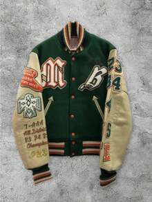 High Street Embroidered Baseball Jacket Black Letter Cross Badge Motorcycle Style Jacket  Brand Retro Woolen Splicing Coat Men's Clothes - 綠色 - 查看 1