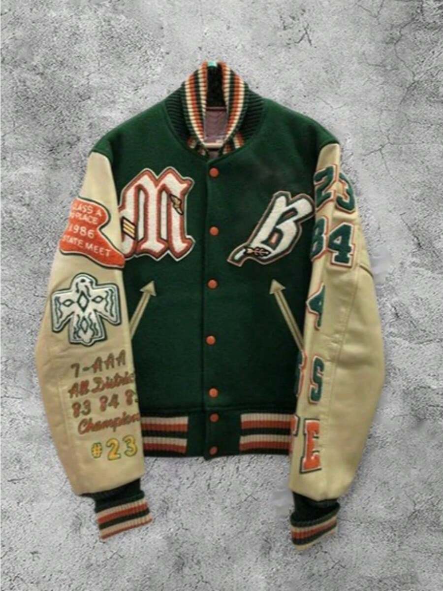 High Street Embroidered Baseball Jacket Black Letter Cross Badge Motorcycle Style Jacket Brand Retro Woolen Splicing Coat Men's Clothes - 綠色 - 查看 1
