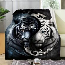 1pc Double-Sided Tiger Flannel Throw Blanket For Sofa, Bed, Travel, Camping, Livingroom, Office, Couch, Chair, Warm Plush Blanket - trắng - Xem 1