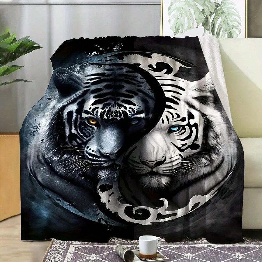 1pc Double-Sided Tiger Flannel Throw Blanket For Sofa, Bed, Travel, Camping, Livingroom, Office, Couch, Chair, Warm Plush Blanket - trắng - Xem 1