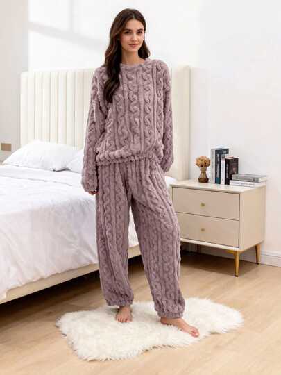 Pijamas gruesos de dos piezas de terciopelo coralino para mujer, tops de manga larga, ropa informal para el hogar,pijamas calentitos de invierno