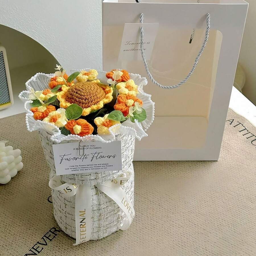 热门礼品：永生花束、人造花、羊毛向日葵、针织花束、手工编织玫瑰、圣诞节和情人节礼物