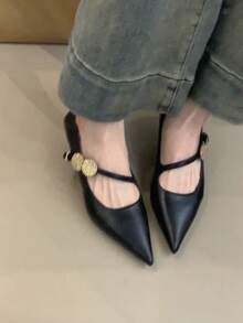 2026 Zapatos de tacón alto con punta afilada y hebilla metálica elegante, zapatos de tacón bajo de color vino tinto estilo francés para ir al trabajo, sandalias de oficina/playa de metal puro - Negro - Ver 4