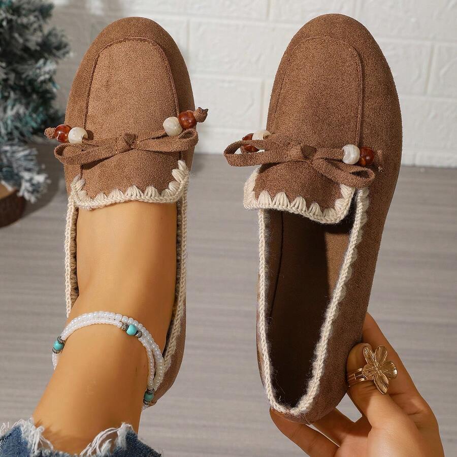 Women's Solid Color Casual Slip-On Comfortable Lightweight Flats, Versatile For Commuting, Cute Bow Mary Jane Shoes - Brown - View 1