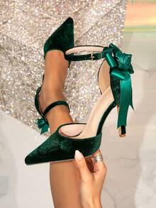 Green Rose Print High Heel Hollow Out Pumps, Classic Bow Tie Faux Rose Flower, Romantic Heart Sweet Fashion Pointed Toe Party High Heel Closed Toe Sandals - Green - View 10